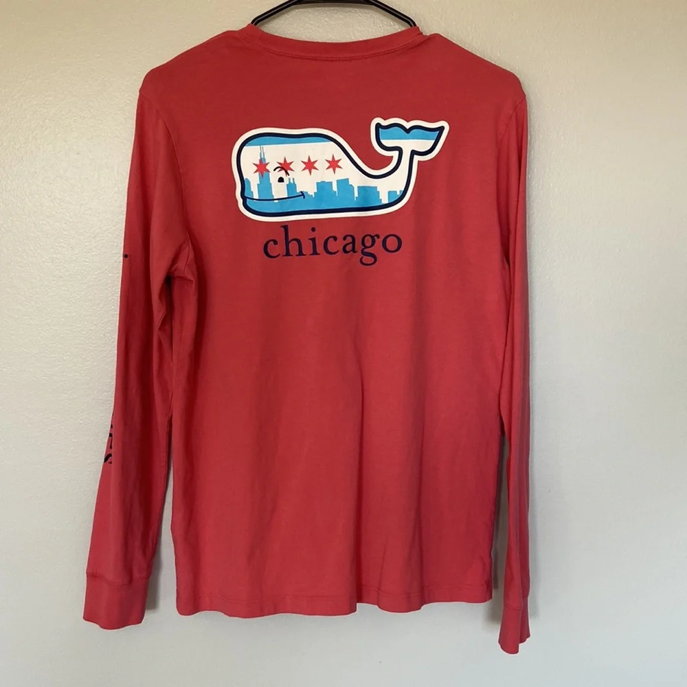Vineyard Vines Chicago Flag & Whale Long Sleeve T-shirt Coral Size 16 Youth EC! - Picture 2 of 2
